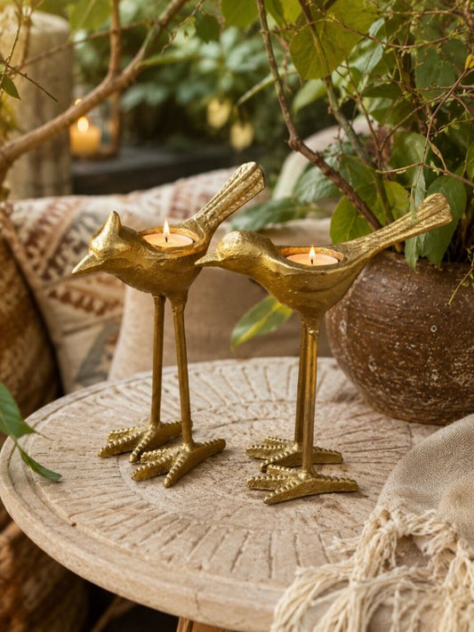 Cast Iron Antiqued Gold Bird Tealight Holder SET