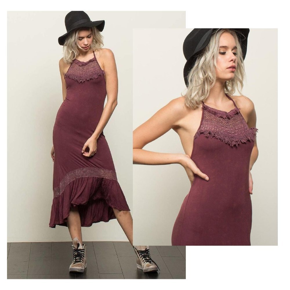 POL Crochet Inset Boho Hi-Lo Festival Style Dress