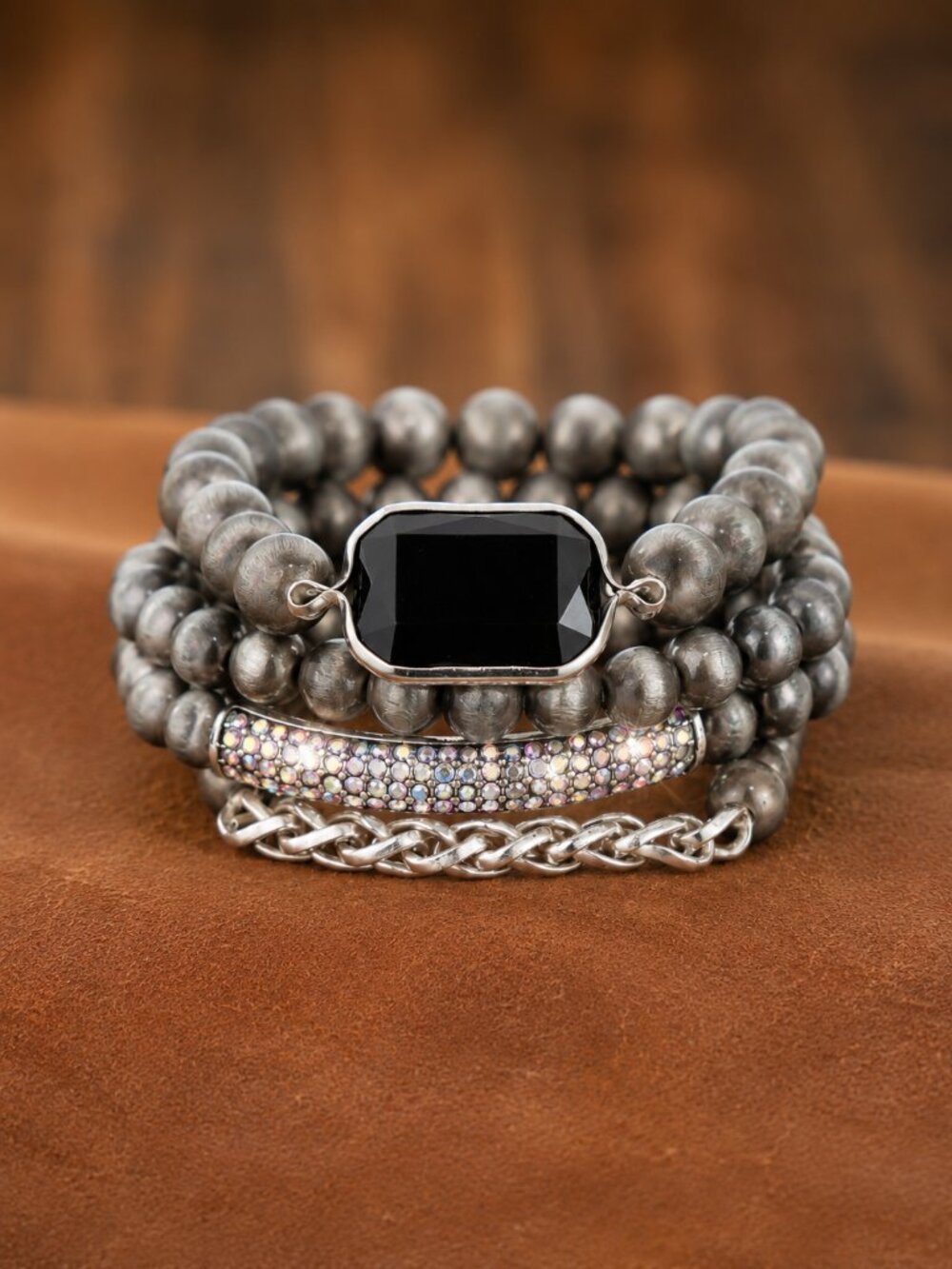 4PC Western Boho Midnight Sparkle Multi-Strand Bracelet Stack