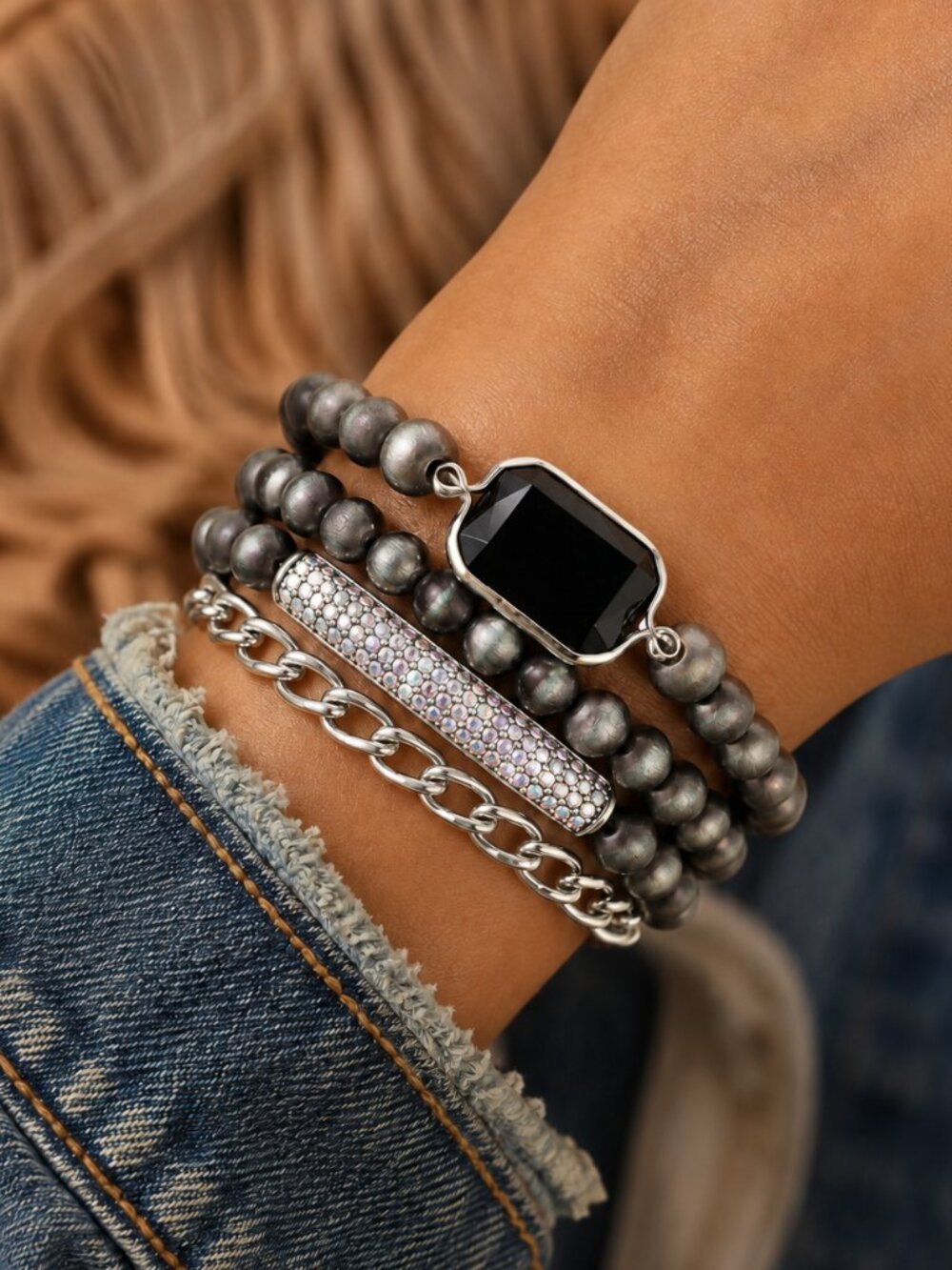 4PC Western Boho Midnight Sparkle Multi-Strand Bracelet Stack