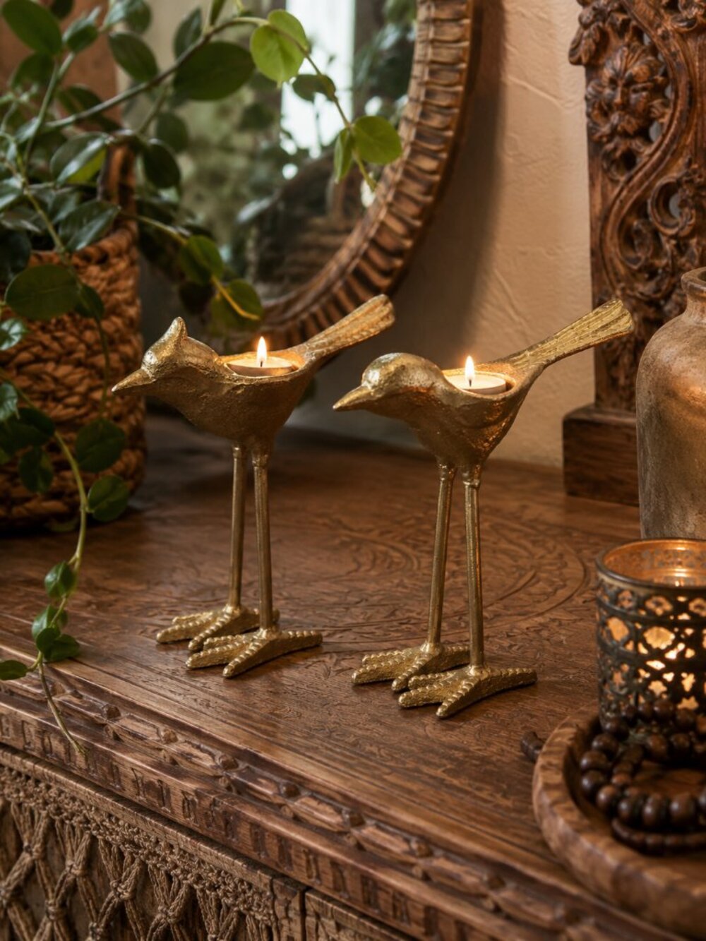 Cast Iron Antiqued Gold Bird Tealight Holder SET
