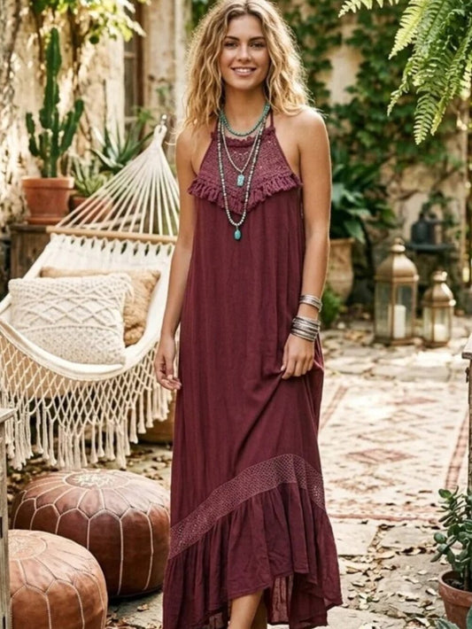 POL Crochet Inset Boho Hi-Lo Festival Style Dress