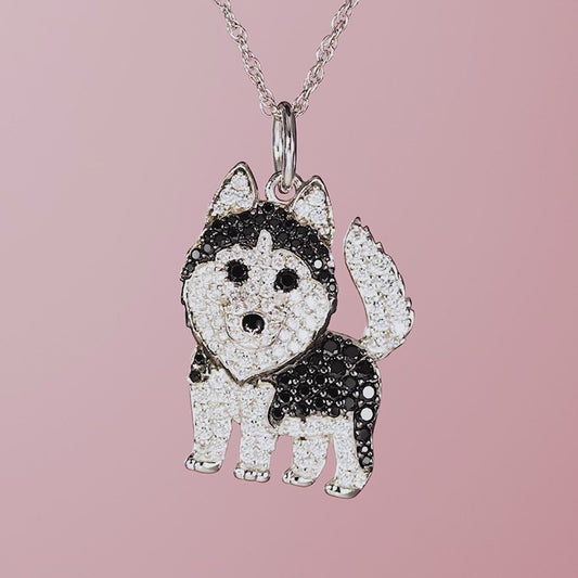 Siberian Husky Dog Breed Rhodium Sterling Silver CZ Necklace