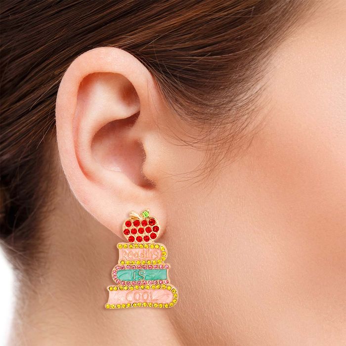 Rhinestone Reading Is Cool Teacher School Earrings