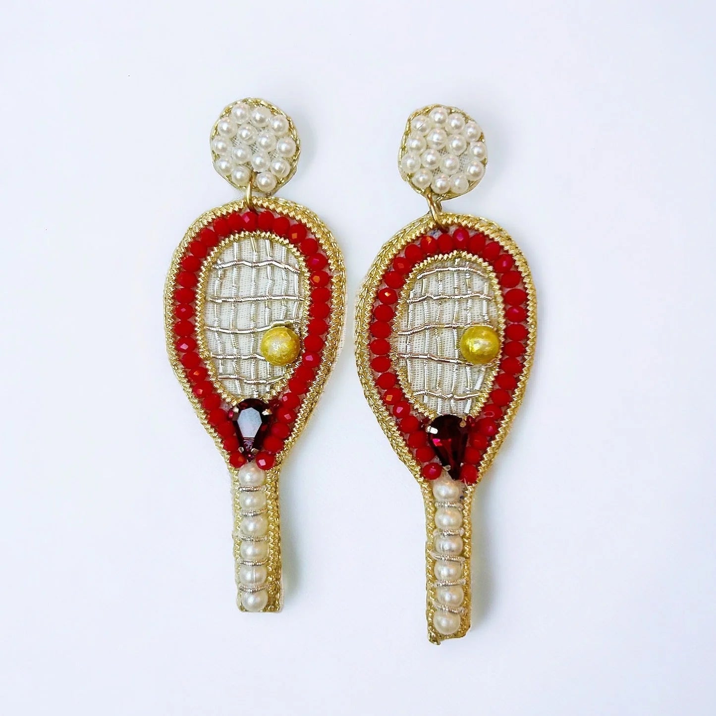 TENNIS Theme Seed Beaded Red Sparkle Racket Earrings