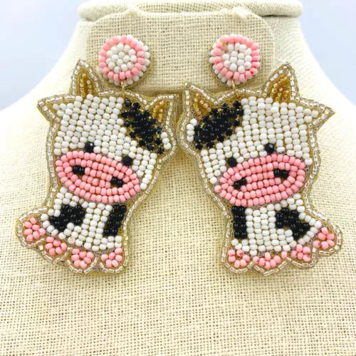 Baby Cow Calf Farm Seed Beaded Earrings