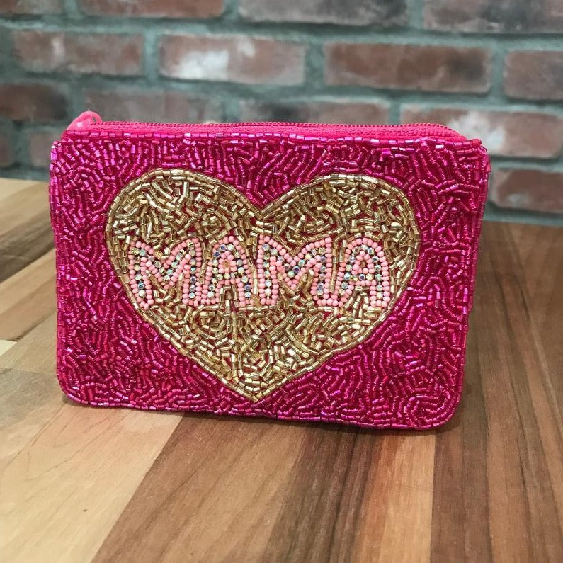 MAMA LOVE Pink Beaded Coin Storage Pouch