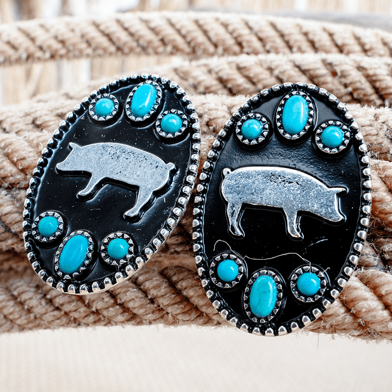 Western Style Turquoise Silver Pig Earrings