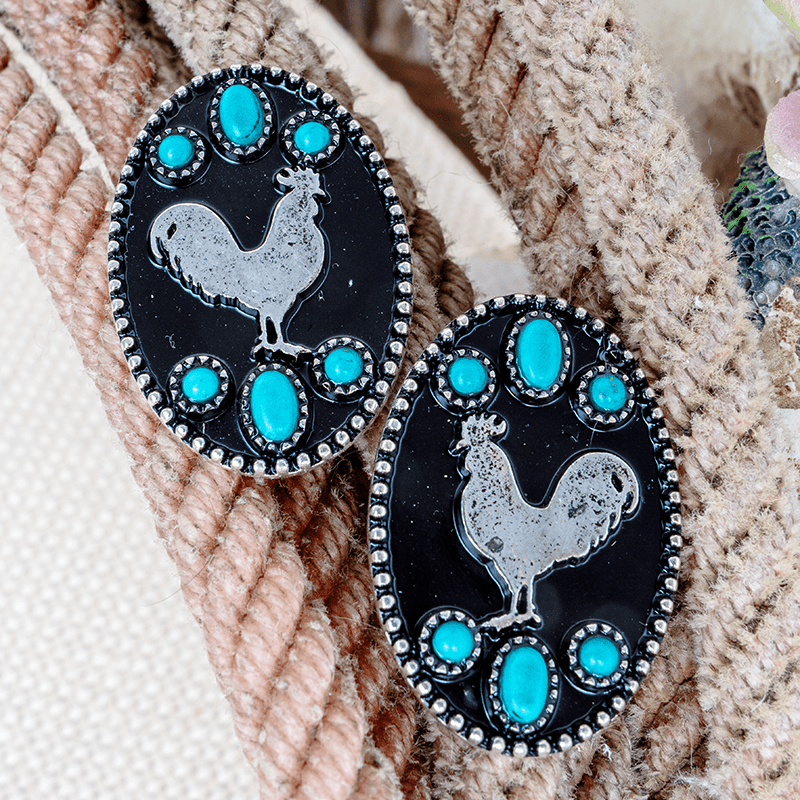 Western Style Turquoise Silver Chicken Earrings