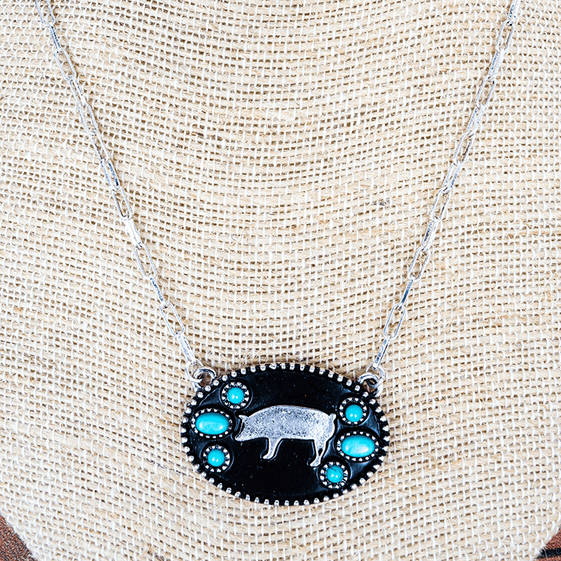 Western Style Turquoise Silver Pig Necklace