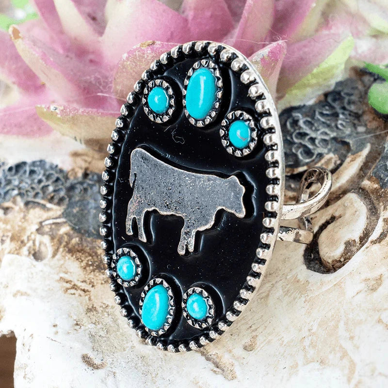 Western Style Turquoise Silver Cow Ring