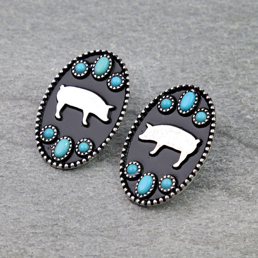 Western Style Turquoise Silver Pig Earrings