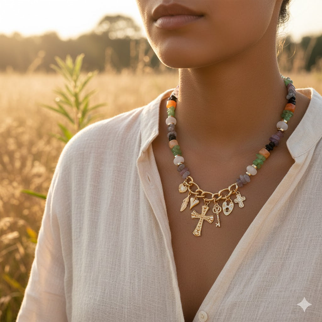 Love Luck Faith Beaded Gold Charm Necklace