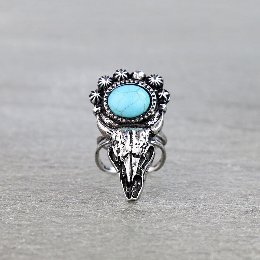 Western Cow Skull Silver Cuff Ring