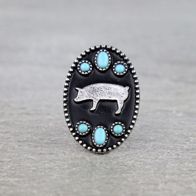 Western Style Silver Pig Ring