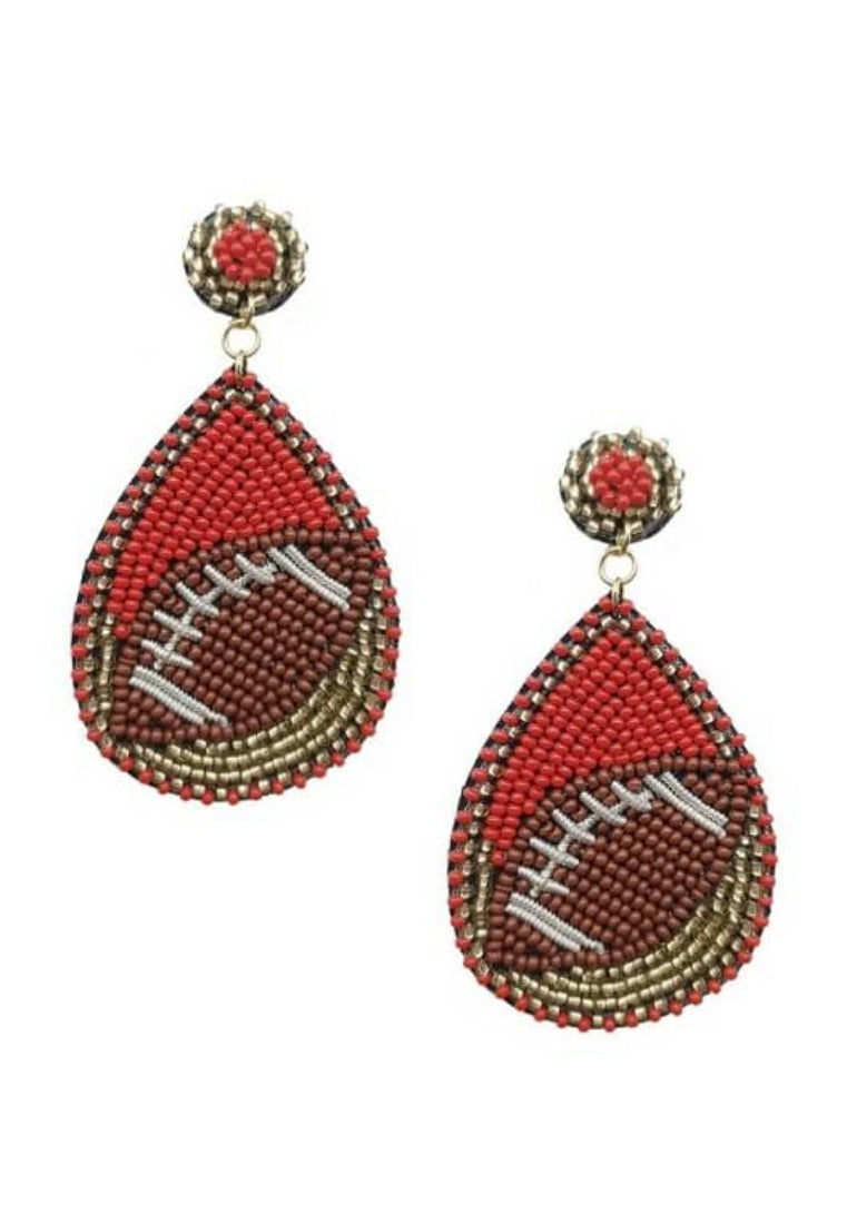 Football Sports Team Red White Beaded Teardrop Earrings