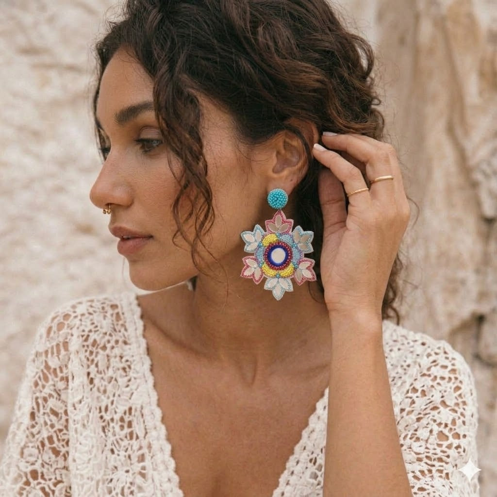 Deepa Gurnani Ari Mirror Tile Boho Floral Earrings