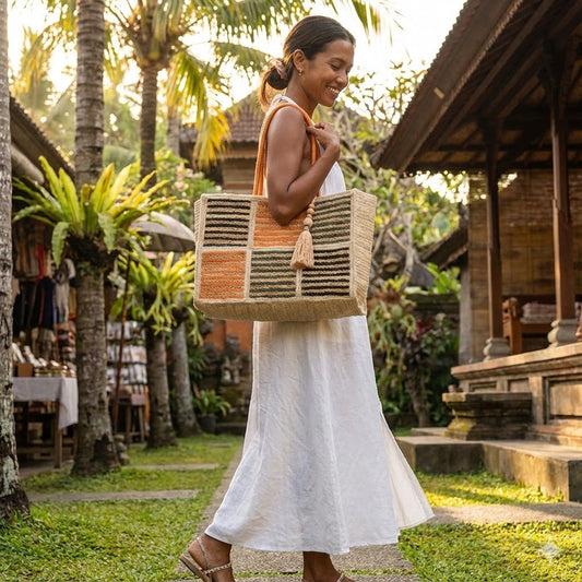 Brunch in Bali Striped Jute Tote Bag