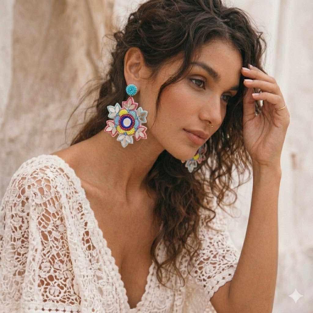 Deepa Gurnani Ari Mirror Tile Boho Floral Earrings
